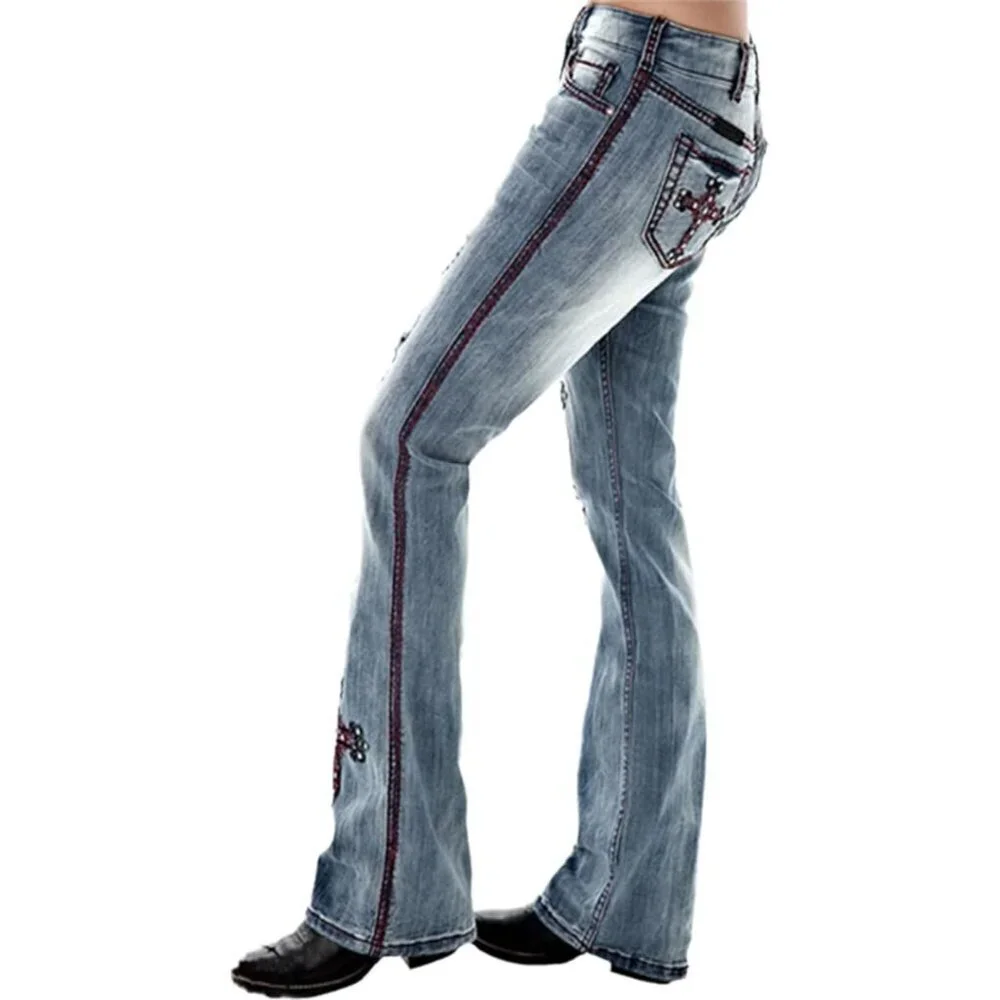 Bootcut Jeans Women Denim Mid Rise Ripped Embroidered Cross Stretchy Fit Long Pa